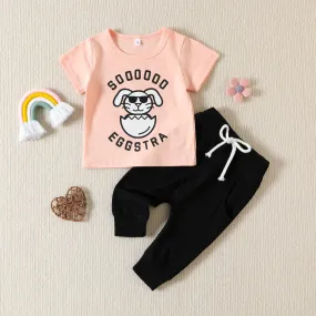 2023 Easter New European and American Girls' Set Letter Rabbit Print Short Sleeve Top Black Pants Two Piece Set