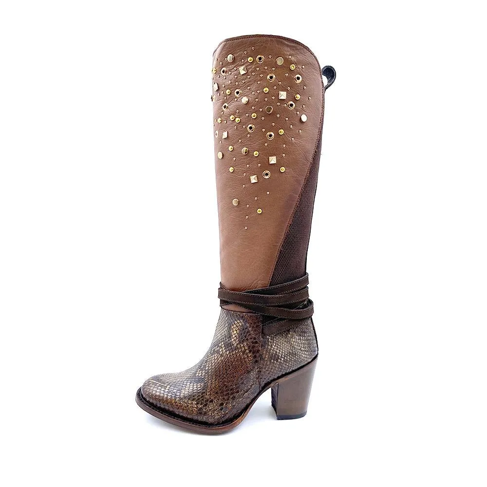 3W03PH - Cuadra brown western cowgirl python skin knee high boots for women