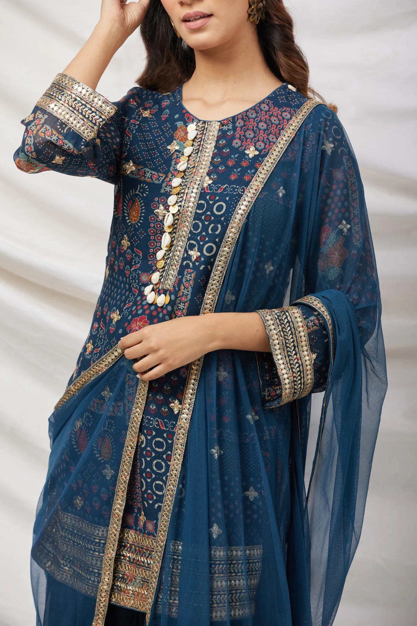 50Z867-NRO Teal Blue Stylish Embroidered Sharara Suit Set