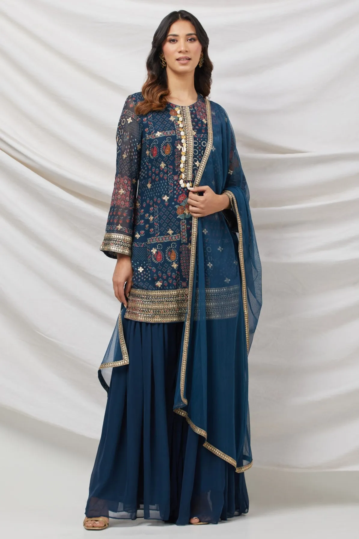 50Z867-NRO Teal Blue Stylish Embroidered Sharara Suit Set