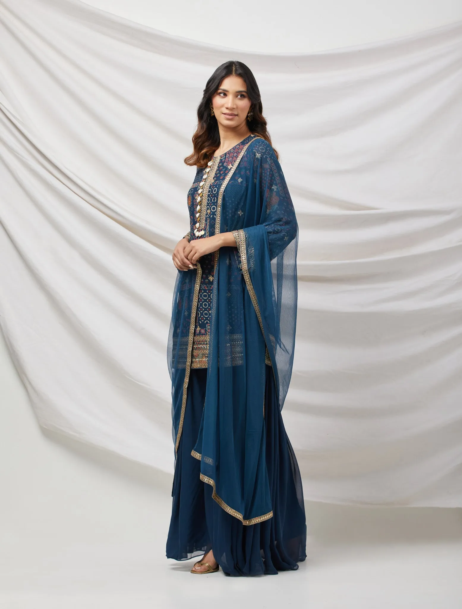 50Z867-NRO Teal Blue Stylish Embroidered Sharara Suit Set