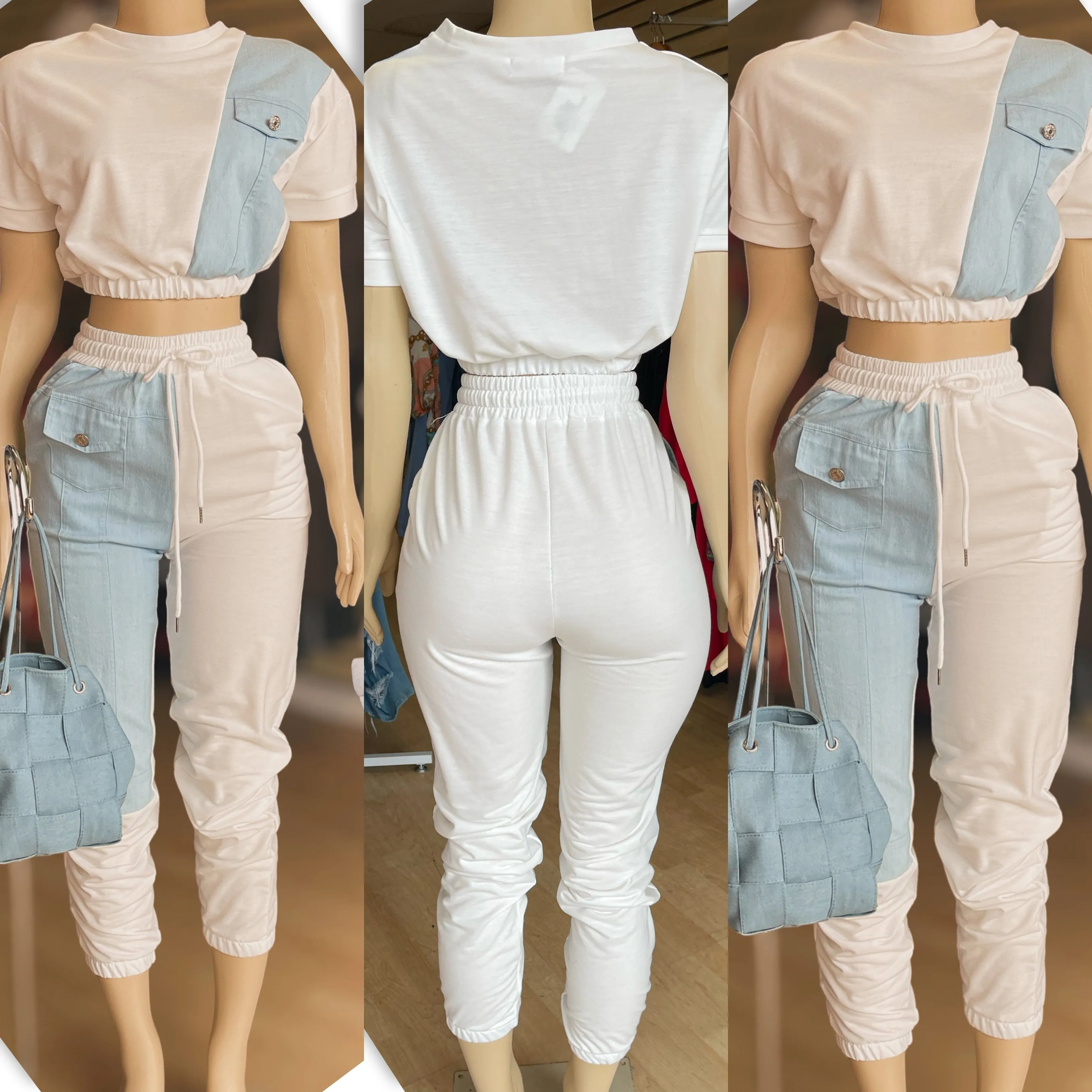 Add Denim to It Jogger Set ( White)