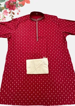 Attractive Red Color Designer Slub Cotton Men's Kurta Suits