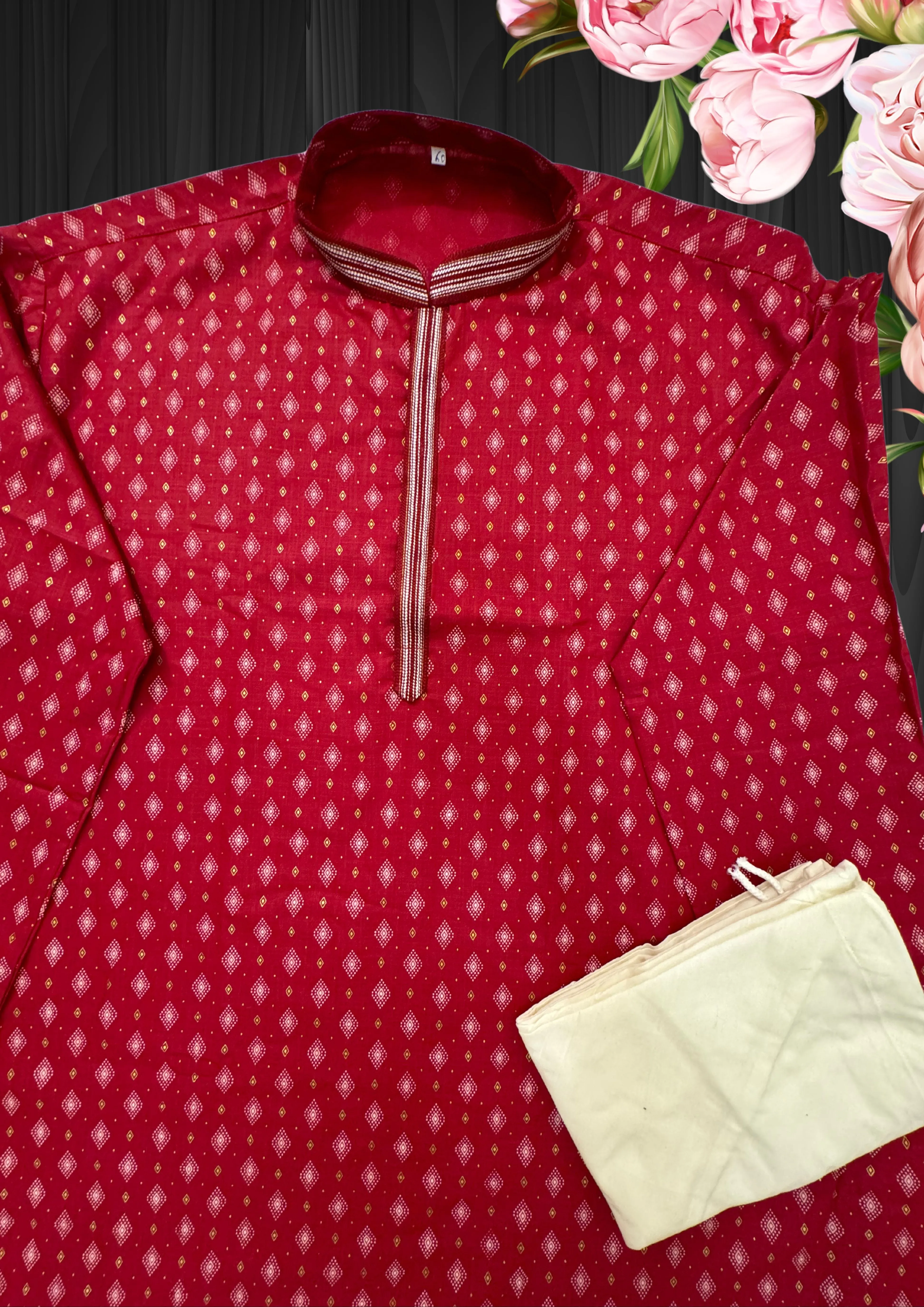 Attractive Red Color Designer Slub Cotton Men's Kurta Suits