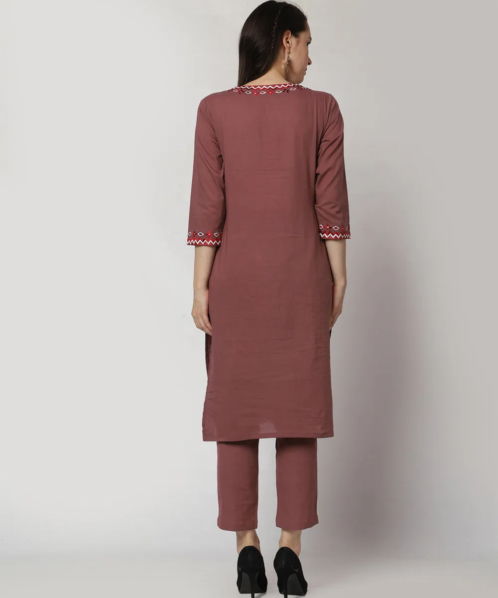 Brown hand embroidered cotton kurta set