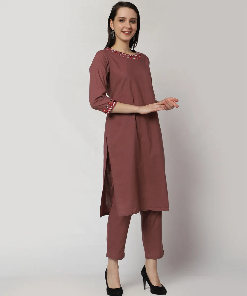 Brown hand embroidered cotton kurta set