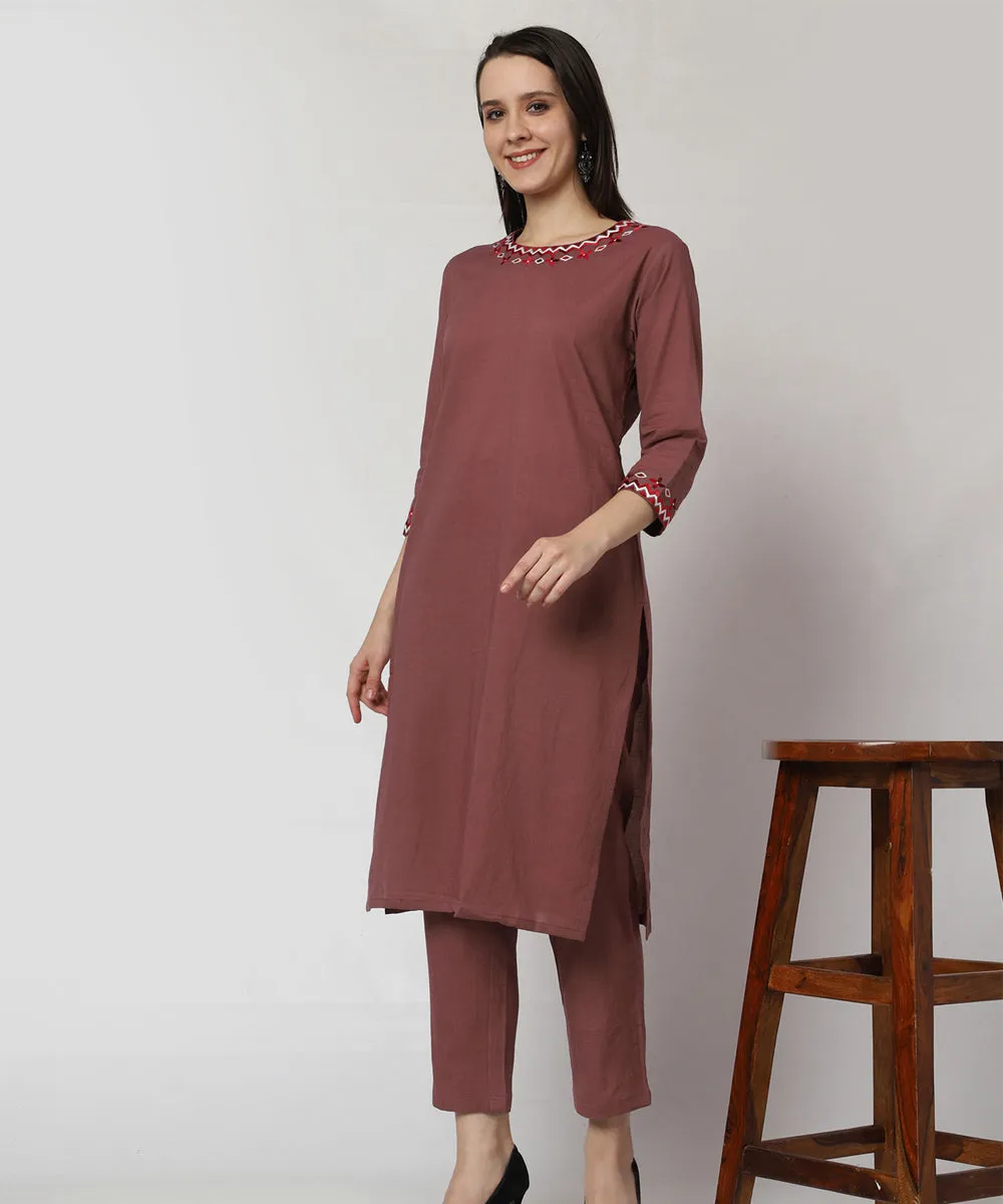 Brown hand embroidered cotton kurta set