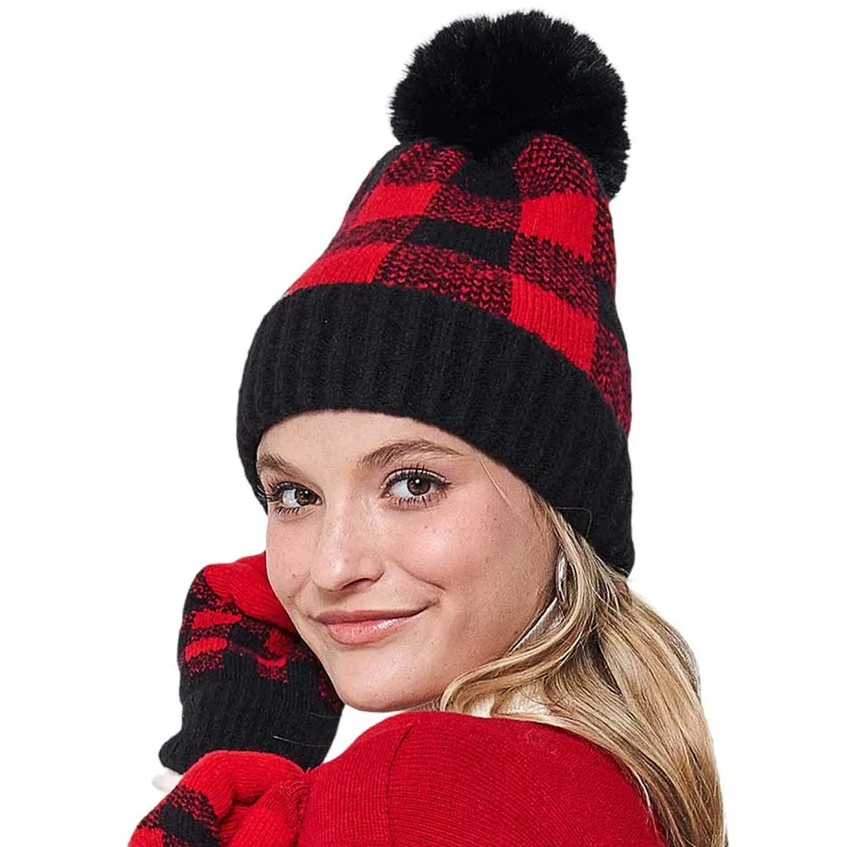 Buffalo Check Patterned Faux Fur Pom Pom Beanie Hat