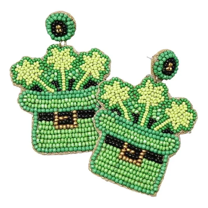 Clover Leprechaun Hat Seed Beaded Drop Earrings