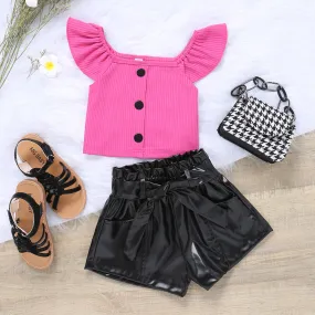 Cotton Knitted Fly Sleeve Top leather Shorts, Belt, Three-piece Set for Girls