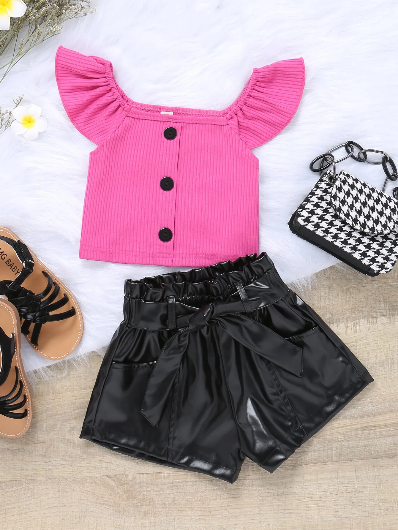 Cotton Knitted Fly Sleeve Top leather Shorts, Belt, Three-piece Set for Girls