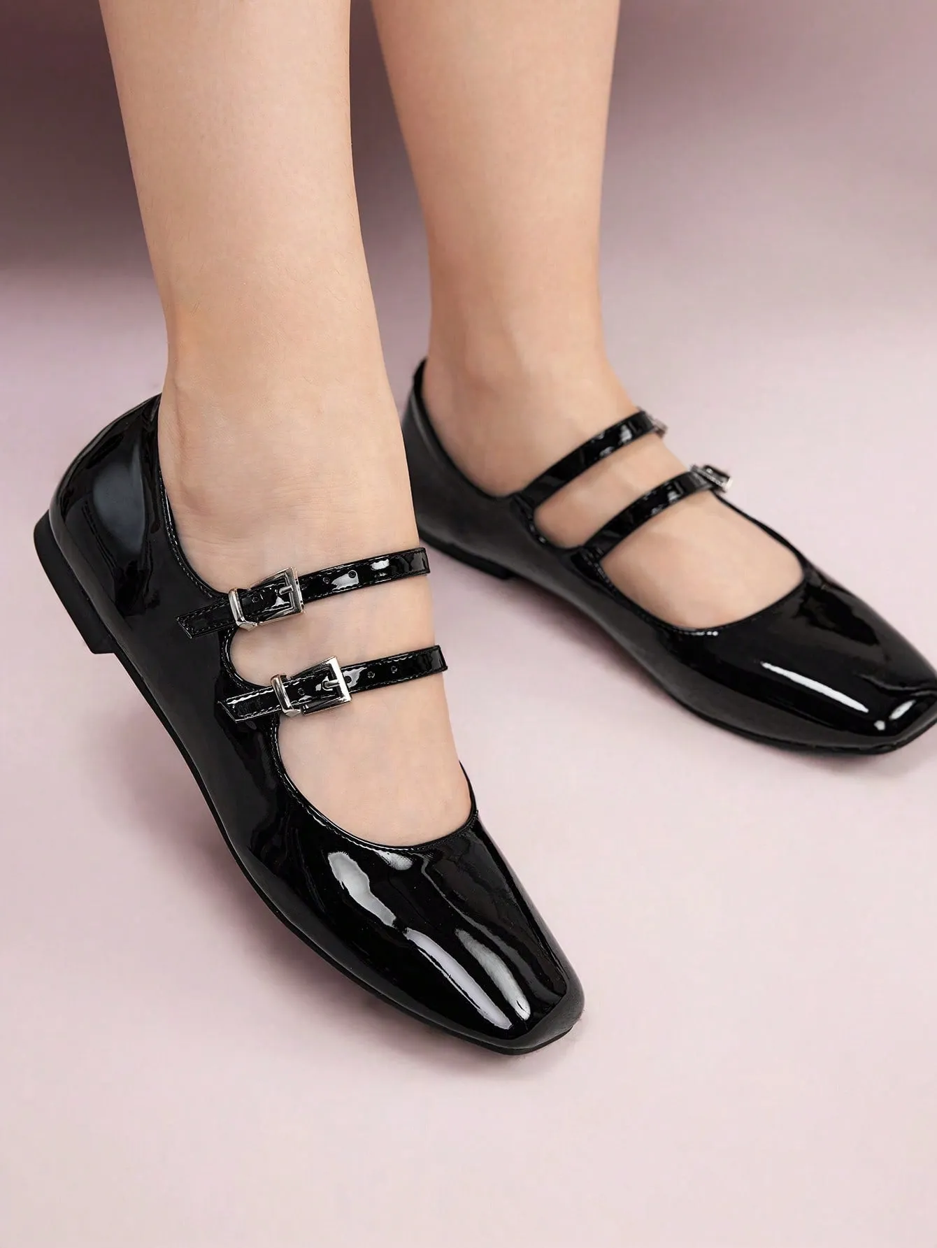 CUCCOO DOLLMOD Women Shoes Buckle Decor Cute Square Toe Flats, Preppy Black Mary Jane Flats For Summer Vacation Shoes Summer Sale Back To School Shoes College Student Shoes