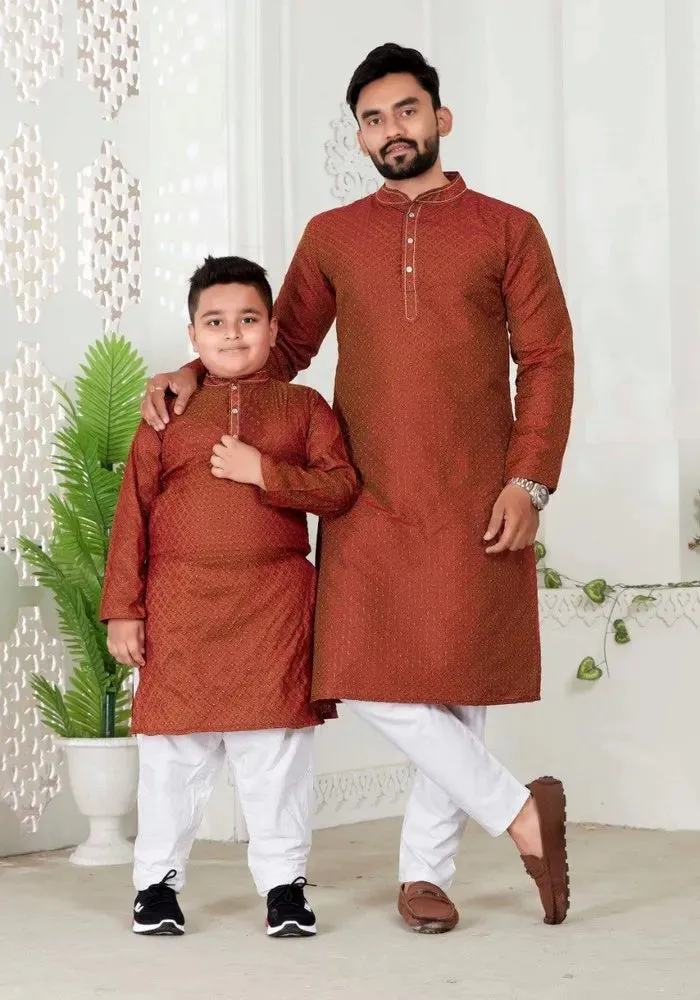 Dad And Son Cotton Silk  Kurta Pajama Set - Rust