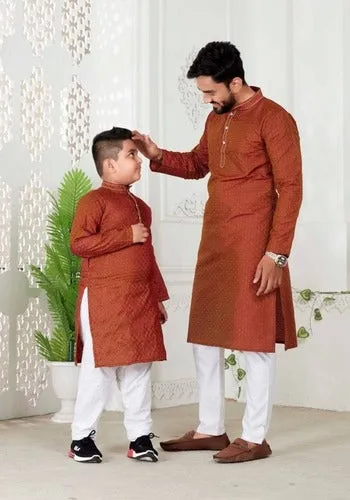 Dad And Son Cotton Silk  Kurta Pajama Set - Rust