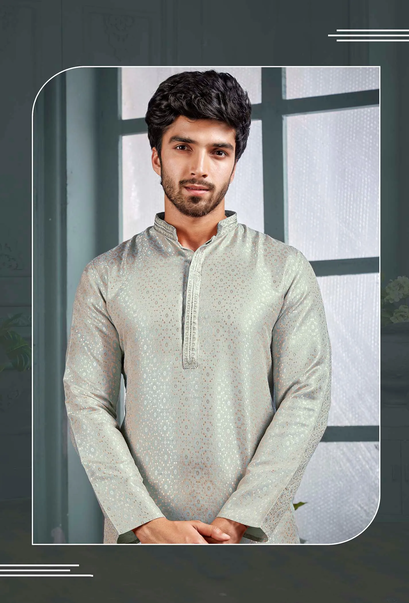 Dazzling Poly Cotton Jacquard Mens Kurta Sets In Grey Color