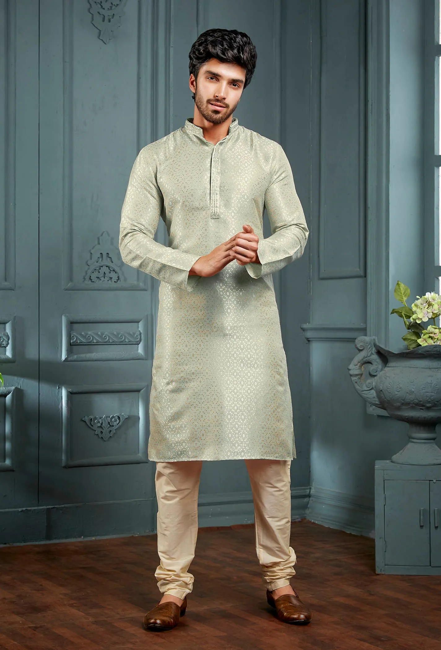 Dazzling Poly Cotton Jacquard Mens Kurta Sets In Grey Color