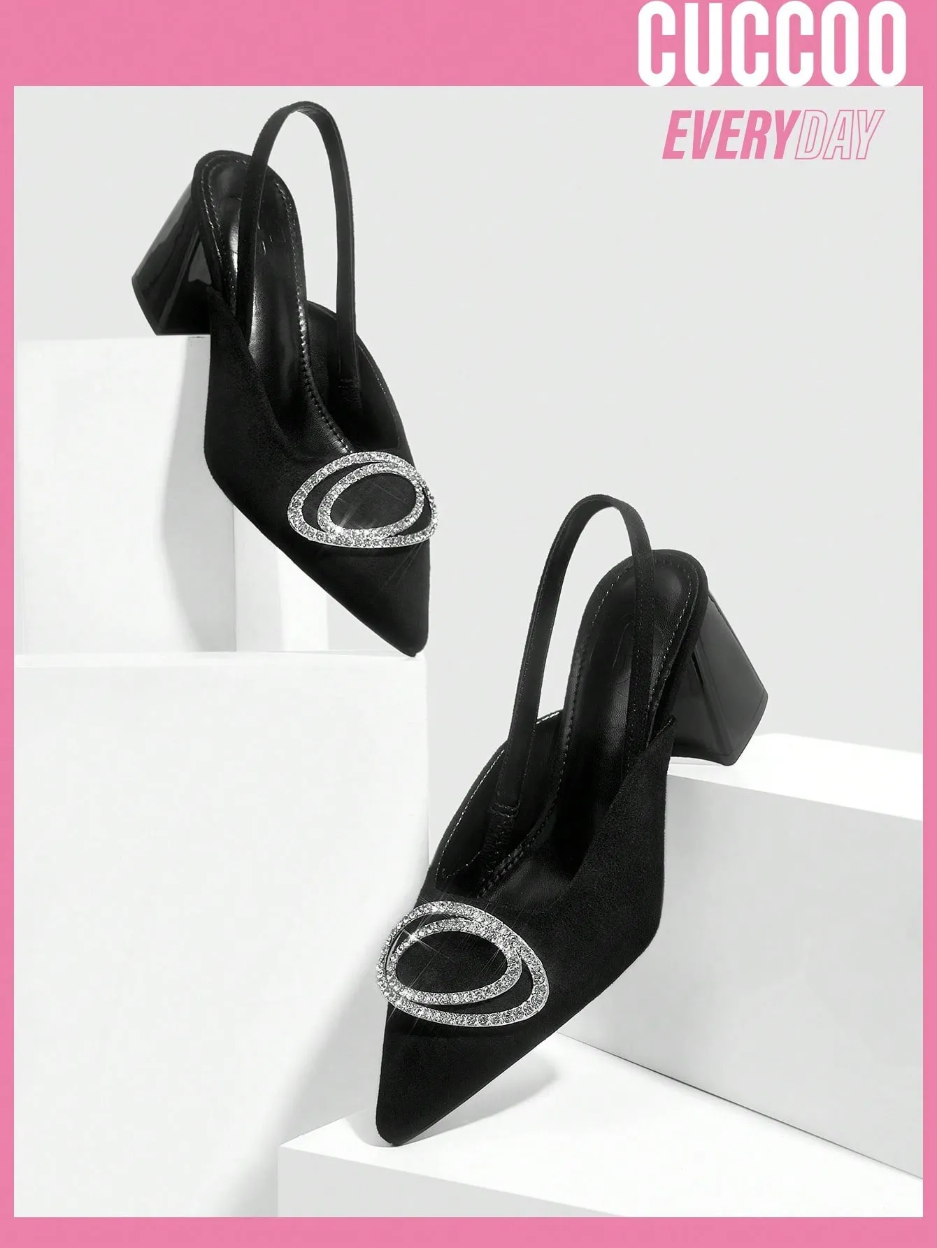 Fashionable Black Gem Buckle Back Strap Chunky High Heel Single Shoes For Women