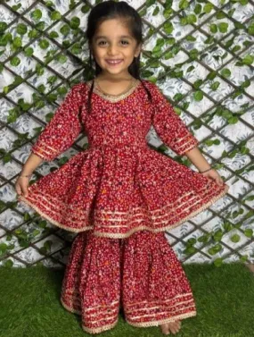 Girls Floral Cotton Kurta Sharara