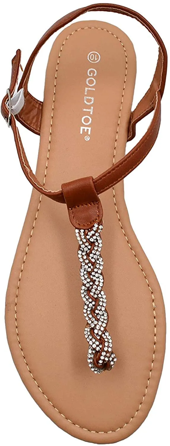 Gold Toe Women’s Braided Rhinestone T-Strap Sandal with Back Straps - Open Toe Fashion Bling Summer Slide Shoe