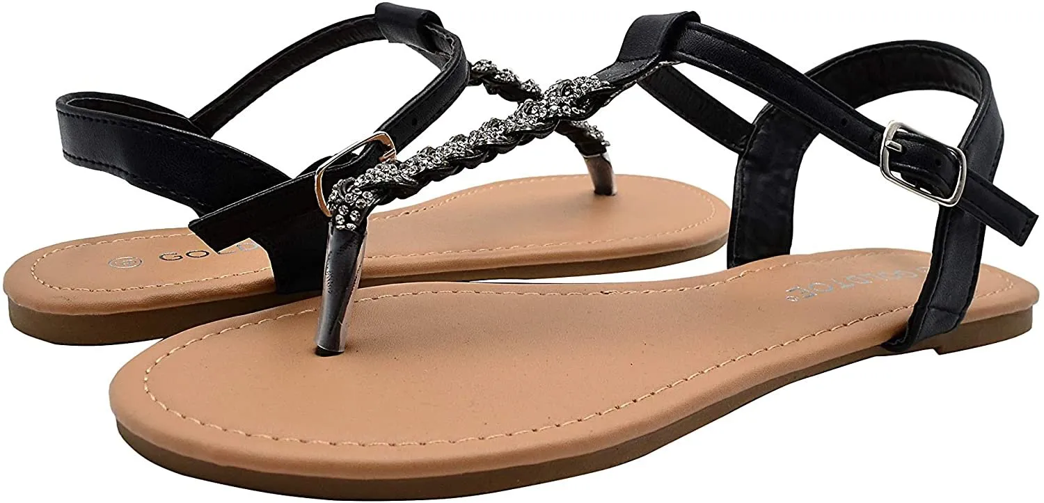 Gold Toe Women’s Braided Rhinestone T-Strap Sandal with Back Straps - Open Toe Fashion Bling Summer Slide Shoe