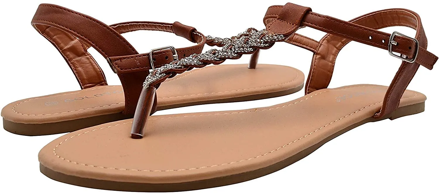 Gold Toe Women’s Braided Rhinestone T-Strap Sandal with Back Straps - Open Toe Fashion Bling Summer Slide Shoe