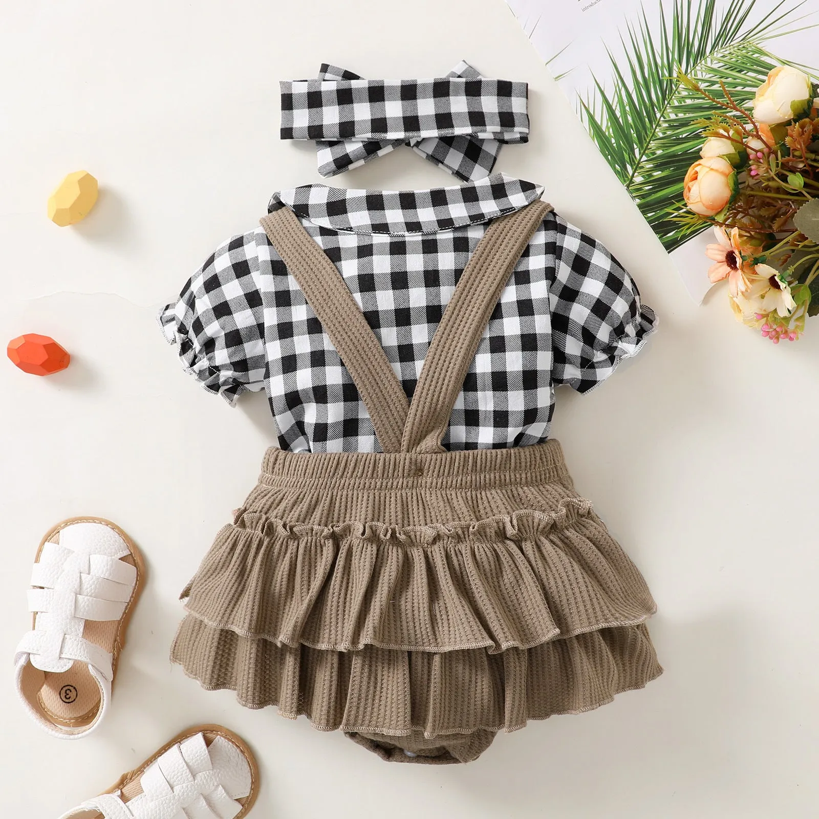 Infant and Young Children's Short-sleeved Shirt shorts headband Three-piece Set