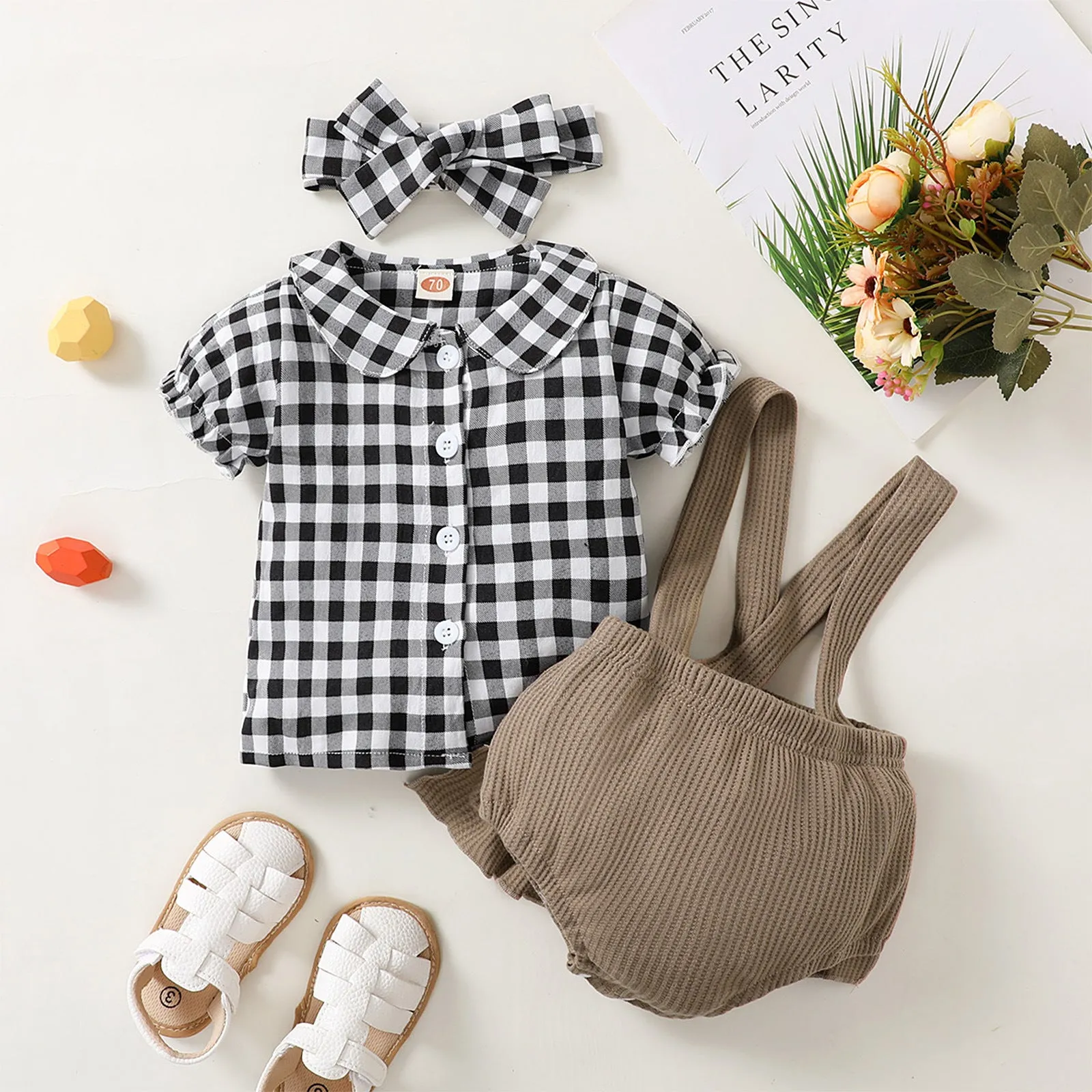 Infant and Young Children's Short-sleeved Shirt shorts headband Three-piece Set