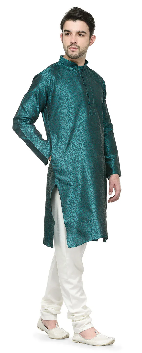 Men's Jacquard Silk Kurta Pajama India Clothing (Green)