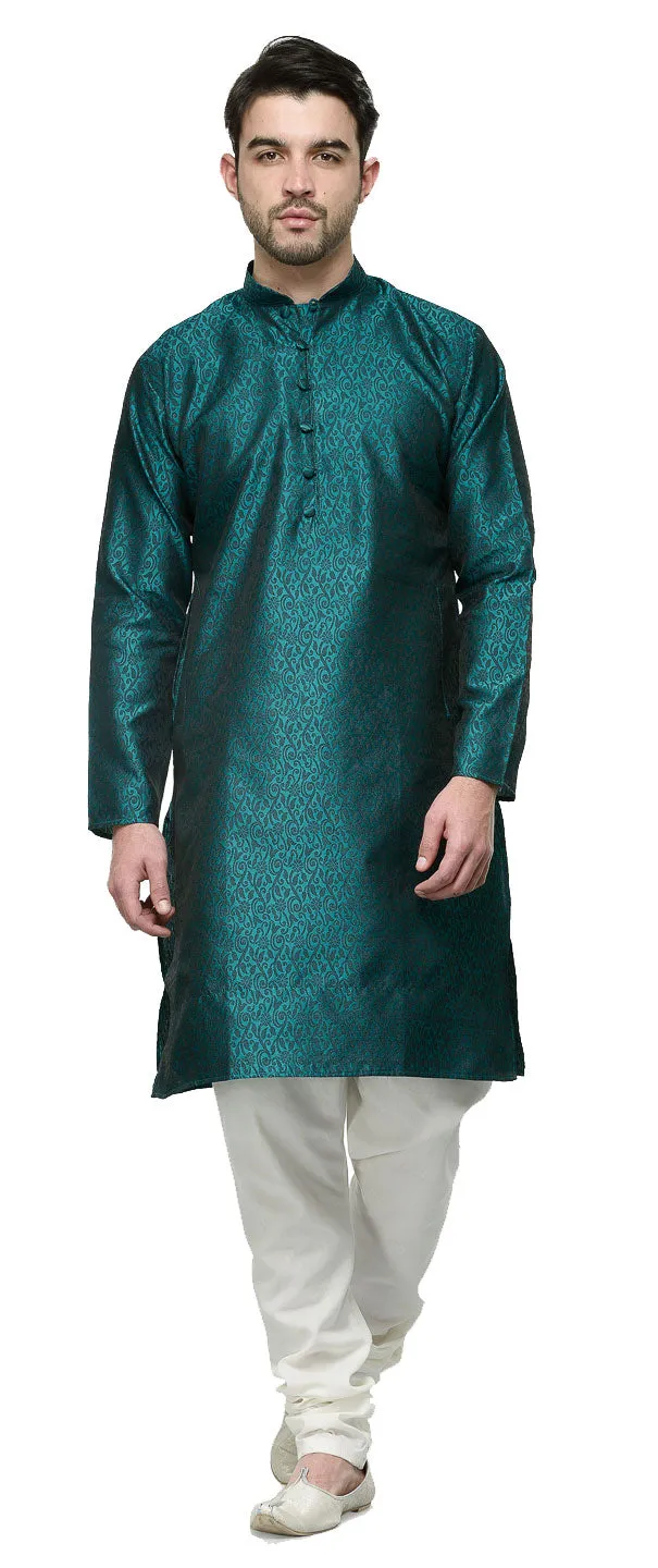 Men's Jacquard Silk Kurta Pajama India Clothing (Green)