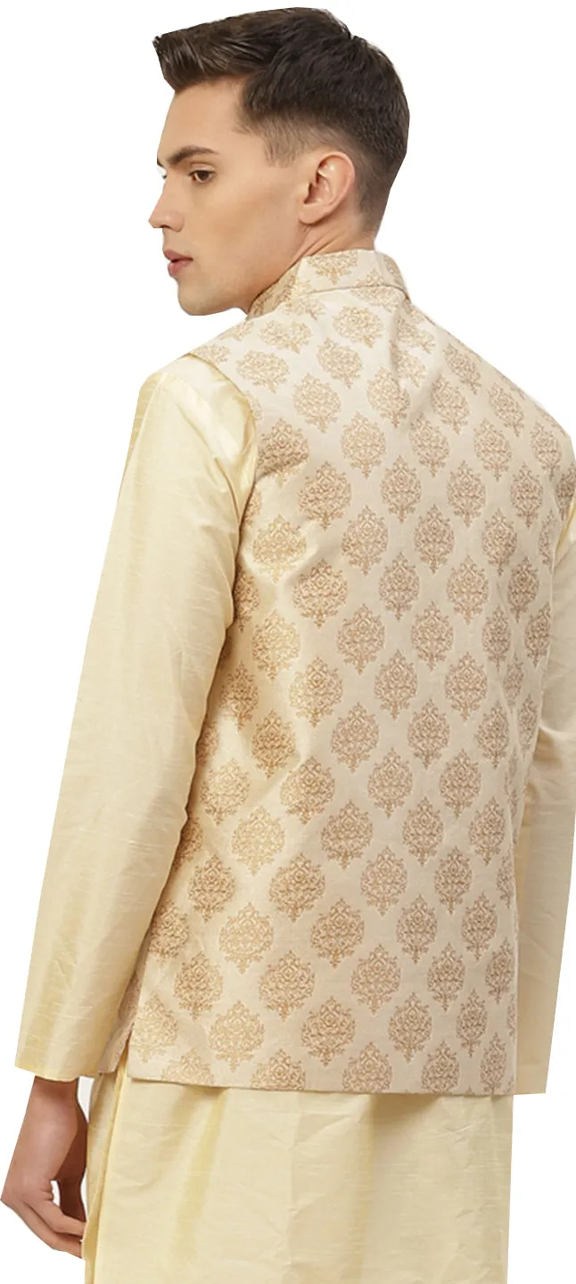 Men's Jacquard Sleeveless Silk Nehru Jacket India Waistcoat (Cream)