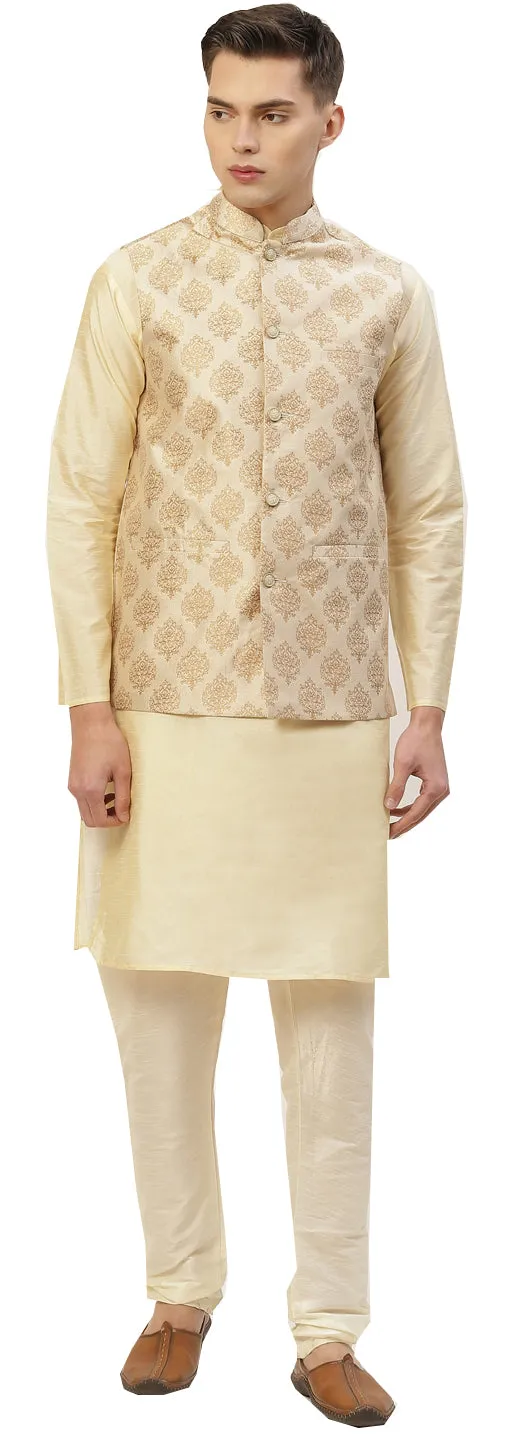 Men's Jacquard Sleeveless Silk Nehru Jacket India Waistcoat (Cream)