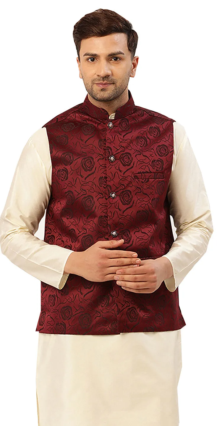 Men's Sleeveless Nehru Jacket Traditional India Waistcoat (Maroon)