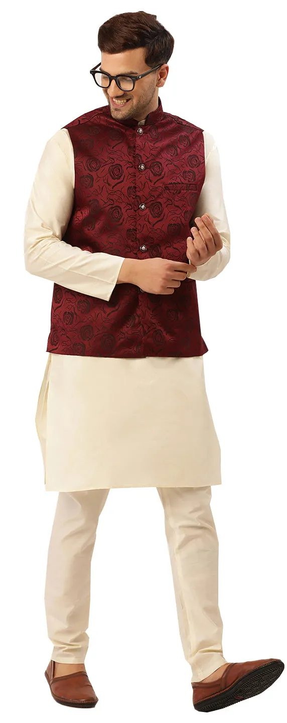 Men's Sleeveless Nehru Jacket Traditional India Waistcoat (Maroon)