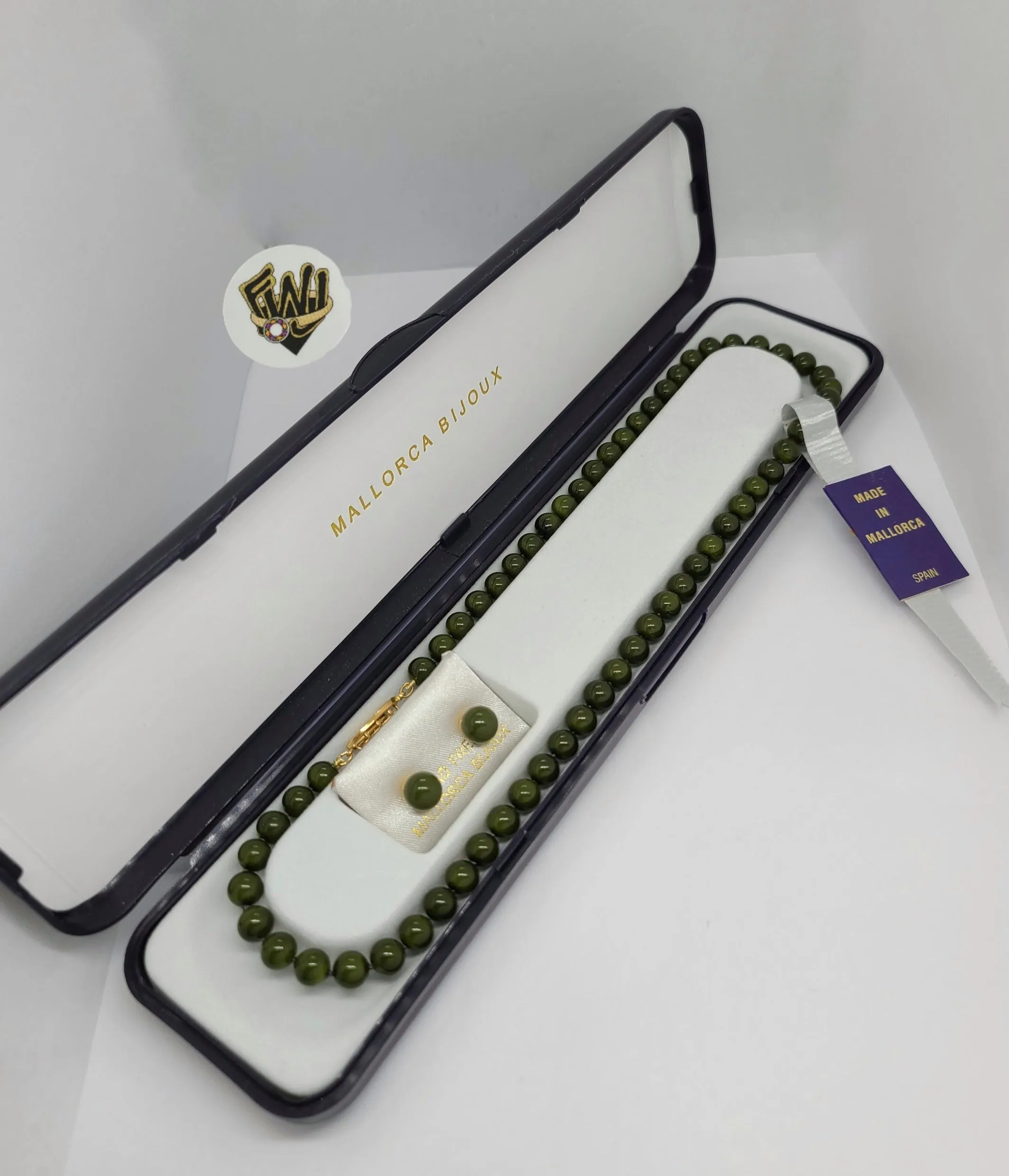 (MSET-45) Gold Laminate - 7mm Green Mallorca Pearls Set - BGF