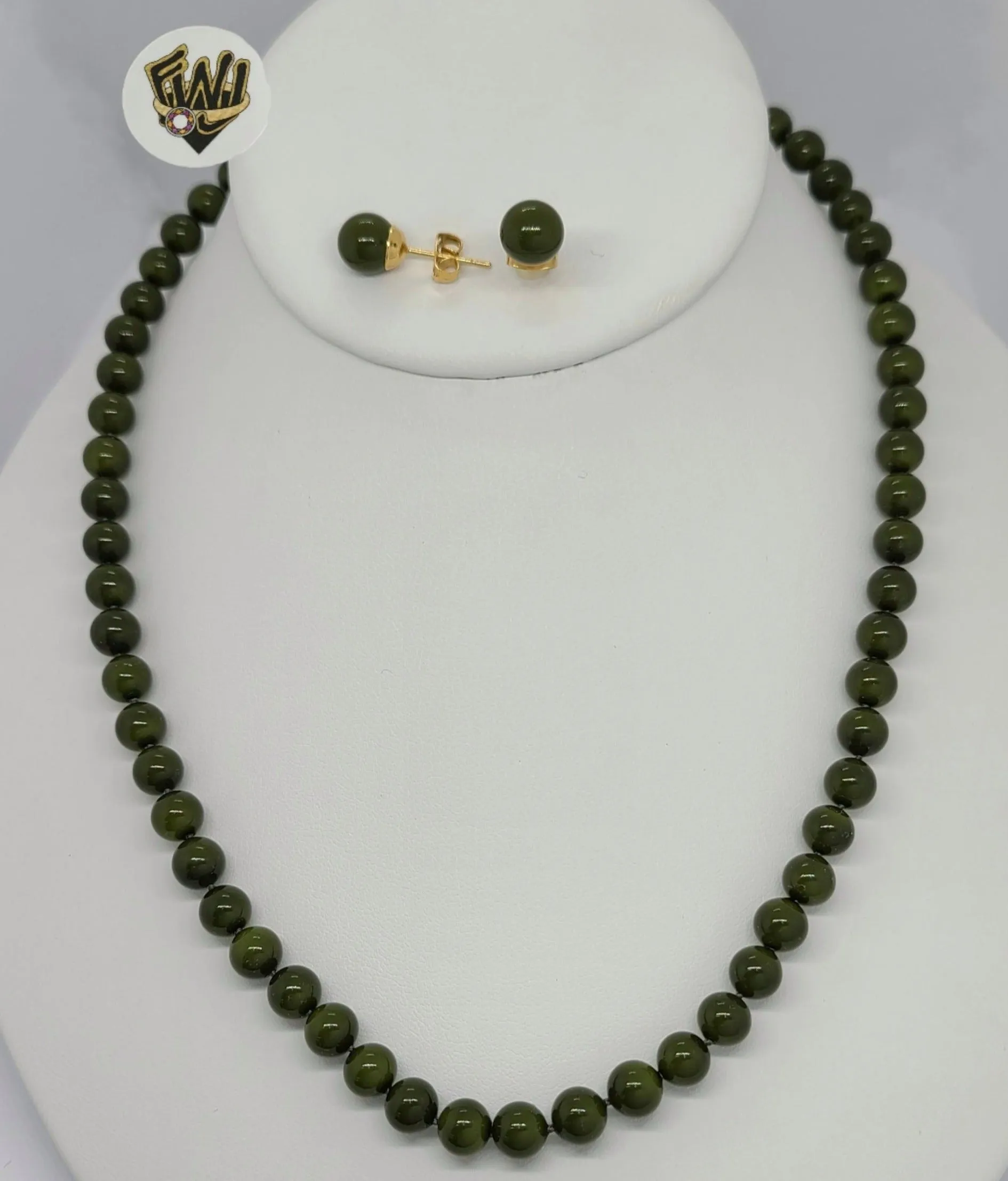 (MSET-45) Gold Laminate - 7mm Green Mallorca Pearls Set - BGF