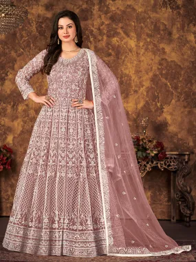 Odette Mauve Net Embroidered Semi stitched Kurta Set with Inner For Women