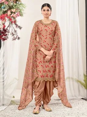 Odette Peach Net  Embroidered Semi stitched Kurta Set With Inner For Women