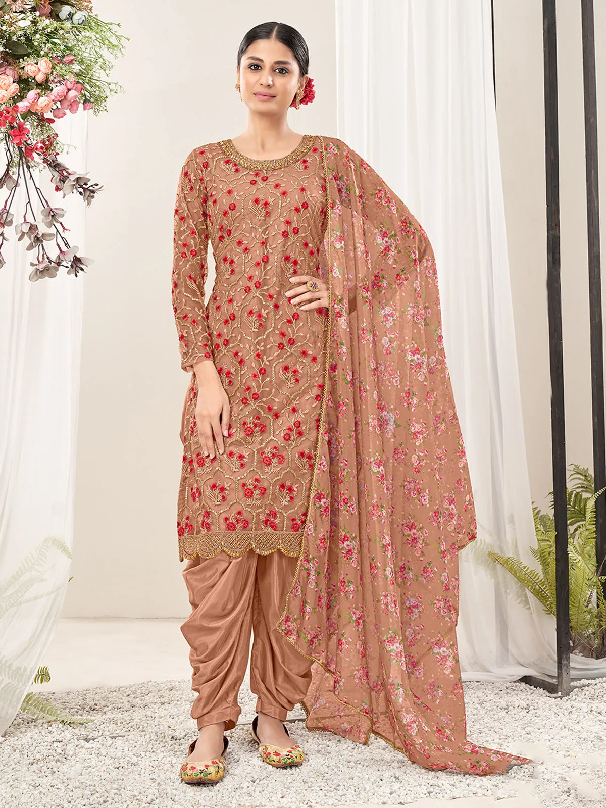 Odette Peach Net  Embroidered Semi stitched Kurta Set With Inner For Women