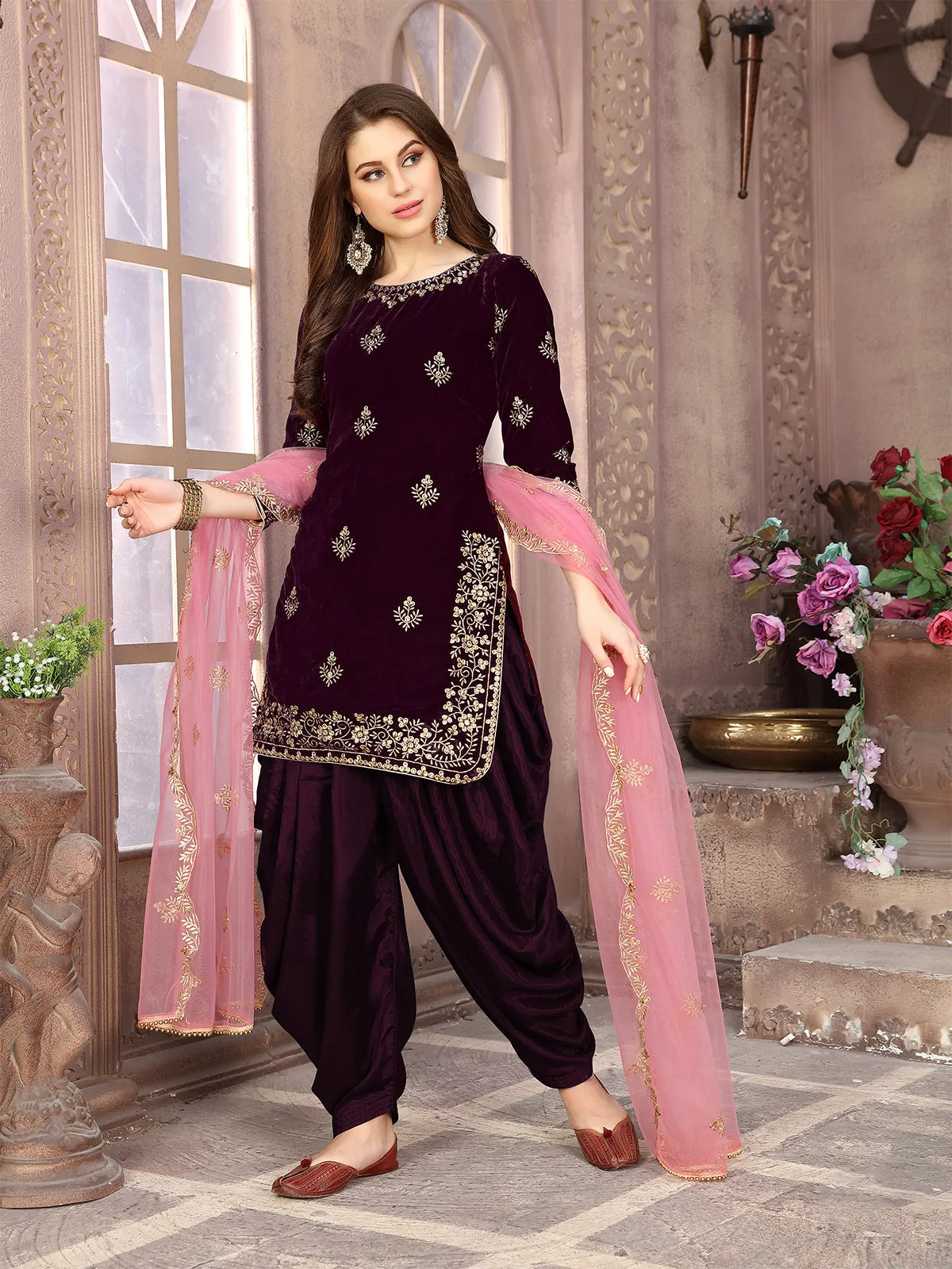 Odette Wine Velvet Embroidered Semi stitched Kurta Set For Women