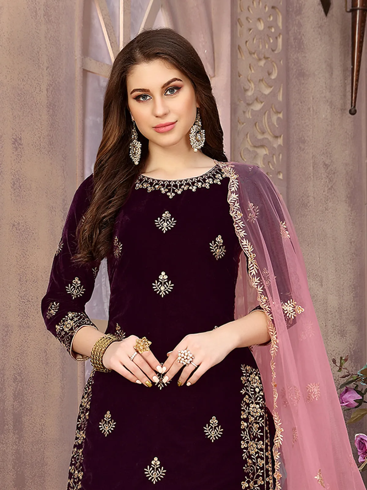 Odette Wine Velvet Embroidered Semi stitched Kurta Set For Women