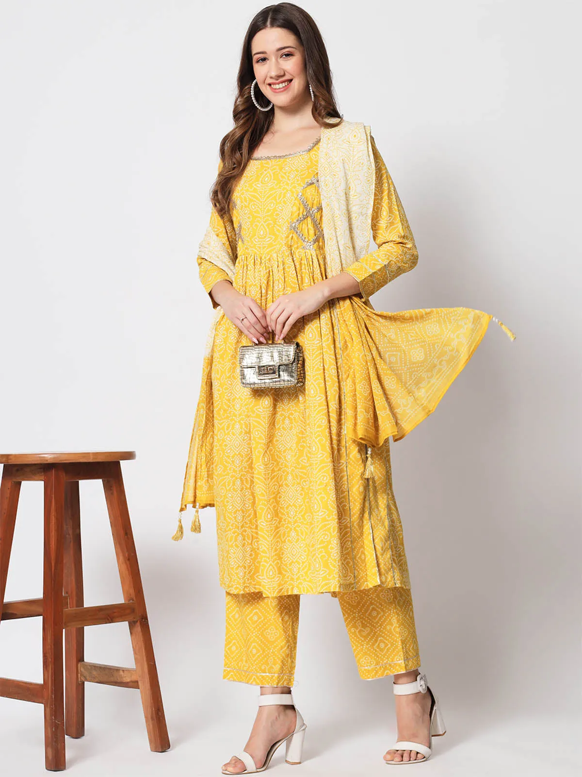 Odette Women Beautiful Yellow Cotton Printed Stitched Kurta Set