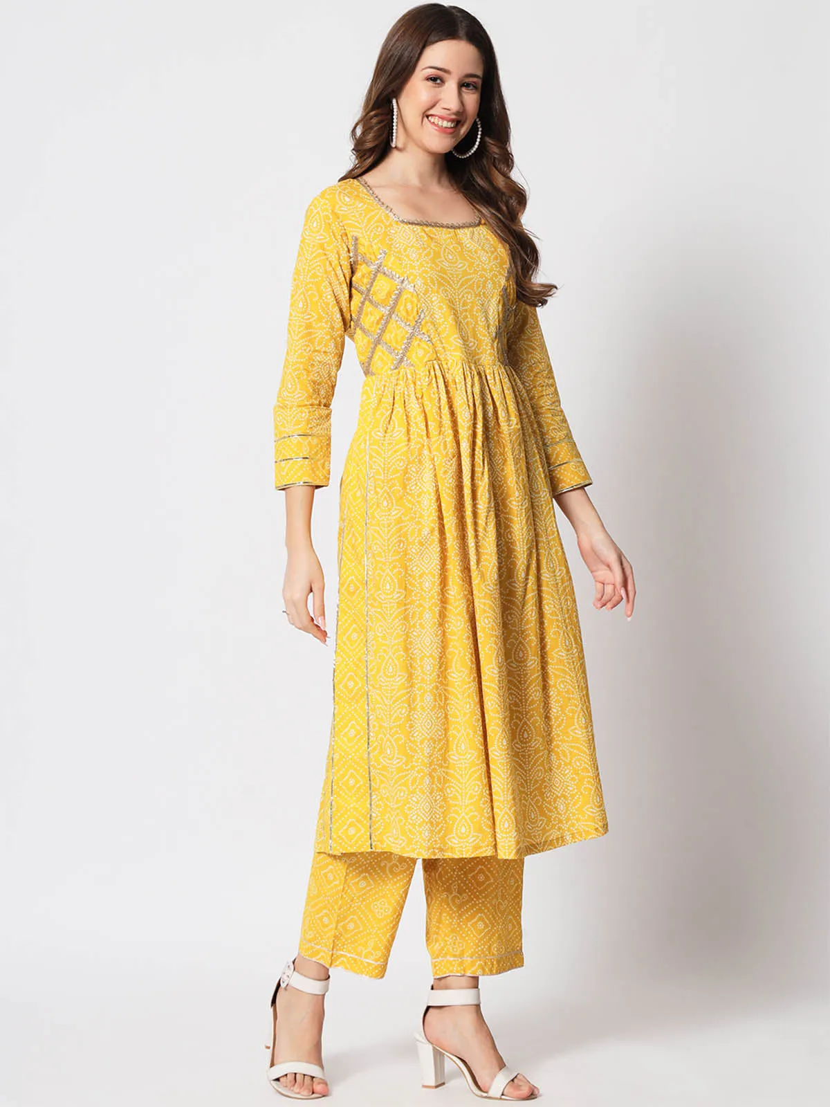 Odette Women Beautiful Yellow Cotton Printed Stitched Kurta Set