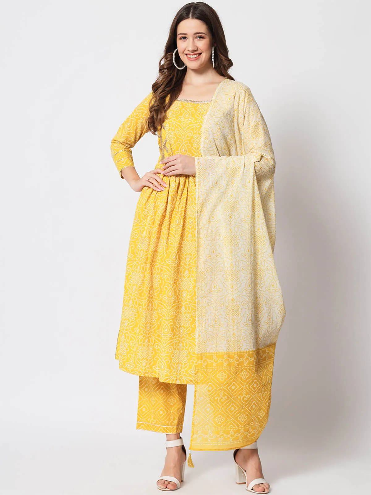 Odette Women Beautiful Yellow Cotton Printed Stitched Kurta Set