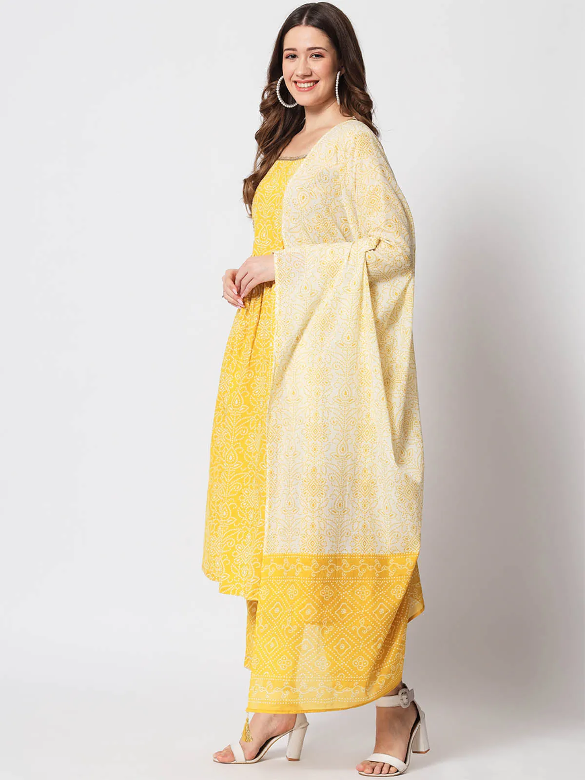 Odette Women Beautiful Yellow Cotton Printed Stitched Kurta Set