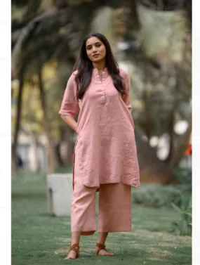 Peach Plain Cotton Kurta Pant Set for Women