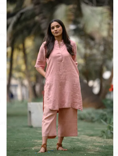 Peach Plain Cotton Kurta Pant Set for Women