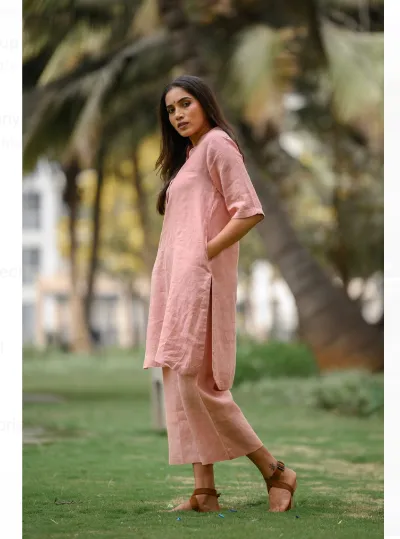 Peach Plain Cotton Kurta Pant Set for Women