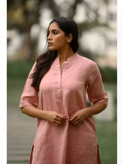 Peach Plain Cotton Kurta Pant Set for Women