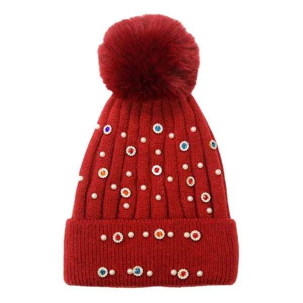 Pearl Stone Embellished Detail Pom Pom Beanie Hat