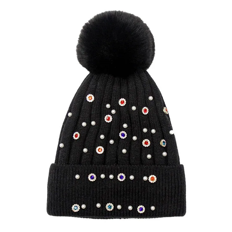 Pearl Stone Embellished Detail Pom Pom Beanie Hat